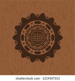 international icon inside badge with wooden background