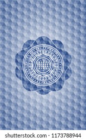 international icon inside blue emblem with geometric background.