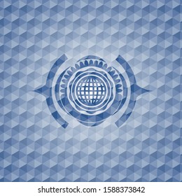 international icon inside blue emblem with geometric background.