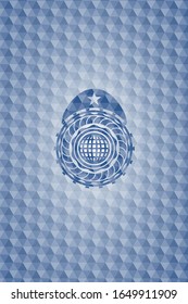 international icon inside blue emblem or badge with abstract geometric polygonal pattern background.