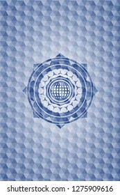 international icon inside blue hexagon badge.