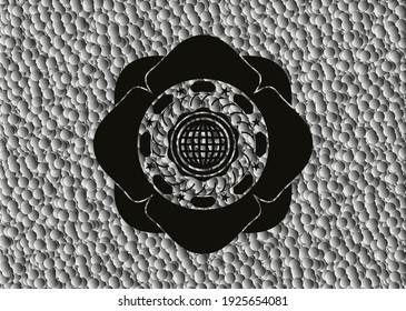 icono internacional dentro de una insignia oscura con fondo de burbujas. Ilustración vectorial. Detallado. 