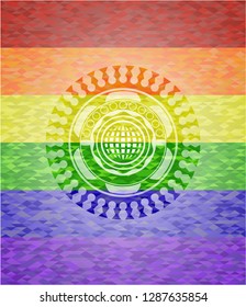international icon inside emblem on mosaic background with the colors of the LGBT flag