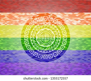 international icon inside emblem on mosaic background with the colors of the LGBT flag