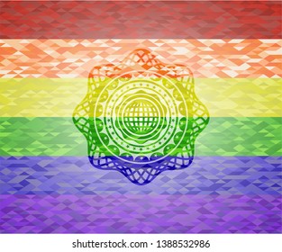 international icon inside emblem on mosaic background with the colors of the LGBT flag