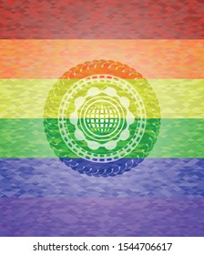 international icon inside emblem on mosaic background with the colors of the LGBT flag