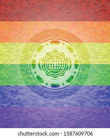 international icon inside emblem on mosaic background with the colors of the LGBT flag