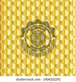 international icon inside golden emblem or badge. Scales pattern. Vector Illustration. Detailed.