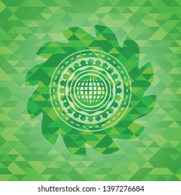 international icon inside green emblem with mosaic background