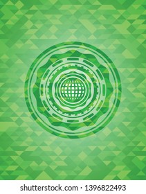 international icon inside green mosaic emblem