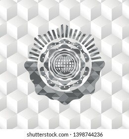 international icon inside grey badge with geometric cube white background