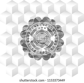 international icon inside grey emblem. Retro with geometric cube white background