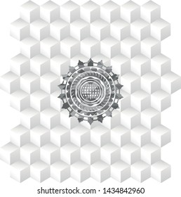 international icon inside grey icon or emblem with geometric cube white background