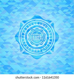 international icon inside light blue mosaic emblem