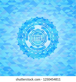 international icon inside light blue emblem. Mosaic background