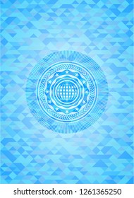 international icon inside light blue emblem with triangle mosaic background