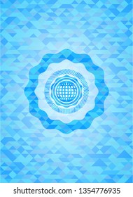 international icon inside light blue emblem with mosaic ecological style background