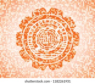 international icon inside orange mosaic emblem with background