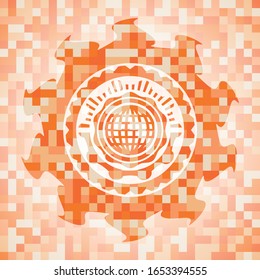 international icon inside orange mosaic emblem