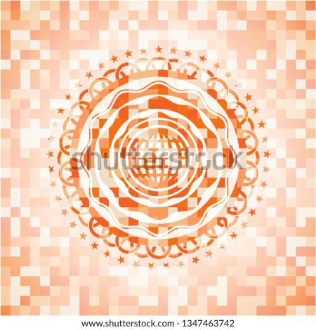 international icon inside orange tile background illustration. Square geometric mosaic seamless pattern with emblem inside.
