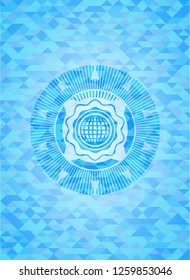 international icon inside realistic sky blue emblem. Mosaic background
