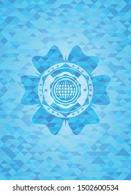 international icon inside realistic sky blue mosaic emblem