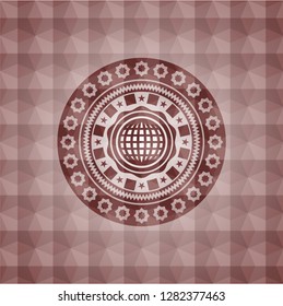 international icon inside red badge with geometric pattern. Seamless.