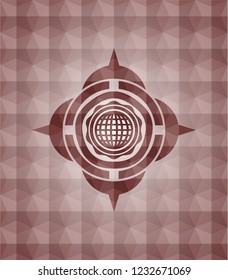 international icon inside red emblem with geometric pattern background. Seamless.