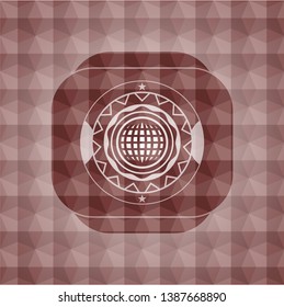 international icon inside red emblem or badge with geometric pattern background. Seamless.
