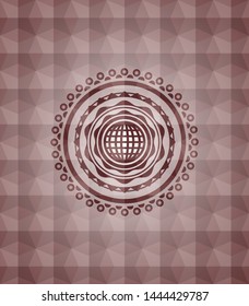 international icon inside red emblem or badge with abstract geometric polygonal pattern background. Seamless.