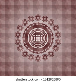 international icon inside red emblem with geometric pattern. Seamless.