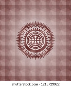 international icon inside red seamless emblem with geometric pattern background.