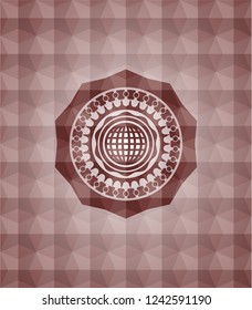 international icon inside red seamless polygonal badge.