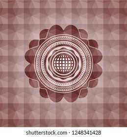 international icon inside red seamless emblem or badge with abstract geometric pattern background.