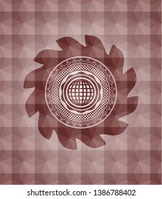 international icon inside red seamless badge with geometric pattern background.