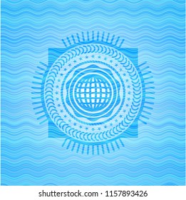 international icon inside sky blue water wave style badge.