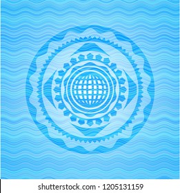 international icon inside sky blue water style badge.