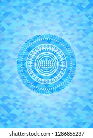 international icon inside sky blue emblem with mosaic ecological style background