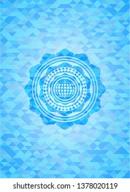 international icon inside sky blue emblem with mosaic background