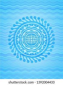 international icon inside sky blue water wave badge.