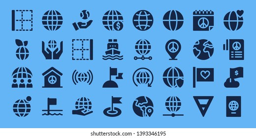 international icon set. 32 filled international icons. on blue background style Simple modern icons about  - Border, World, Worldwide, Earth globe, Peace, Flags, Earth, Cargo ship