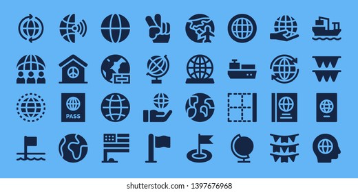 international icon set. 32 filled international icons. on blue background style Simple modern icons about  - World, Worldwide, Flags, Global, Peace, Passport, Flag, Globe, Planet earth