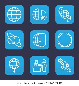 International icon. set of 9 outline international icons such as pass control, qround the globe, globe, international delivery, planet and satellite, cpu planet