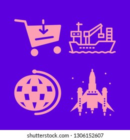 conjunto de iconos internacionales con ilustración de buque de carga, cohete y vector de globo terrestre
