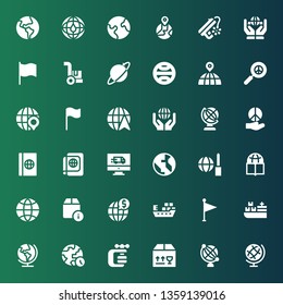 international icon set. Collection of 36 filled international icons included Earth globe, Delivery, Vise, World, Earth, Cargo ship, Flag, Ship, Global, Globe, Worldwide, Passport