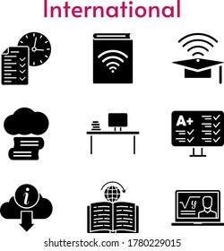 conjunto de iconos internacionales. incluye biblioteca en la nube, audiobook, profesor, cap, desktop, test, information, learning iconos. estilos rellenos.