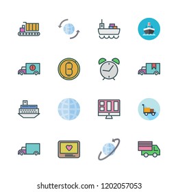 international icon set. vector set about monitor, alarm clock id, cargo ship and cargo truck icons set.