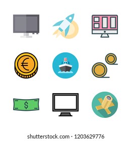 international icon set. vector set about rocket, money id, monitor and ship icons set.