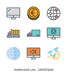 international icon set. vector set about rocket, monitor, worldwide and coin icons set.