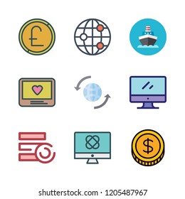 international icon set. vector set about ship, monitor, coins and coin icons set.